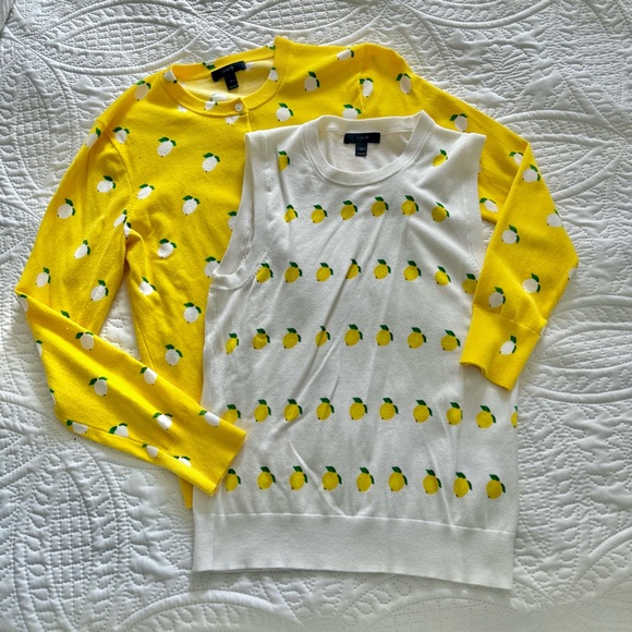 J. Crew Sweaters - J.Crew Size M Yellow White Lemon Print Sweater Cardigan Shell Set